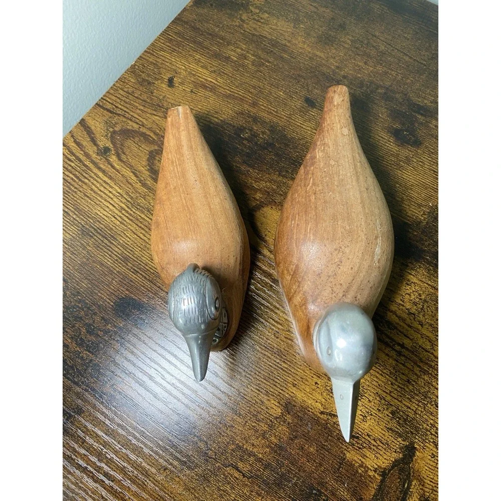 Vintage Wooden Ducks with Silver Stainless Steel Tone Metal Head